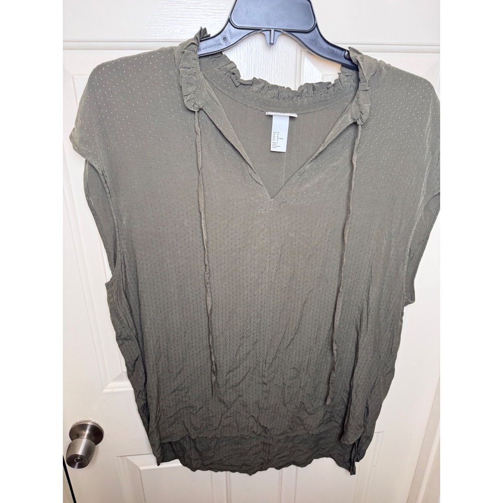 HM Olive Green Swiss Dot Ruffle Neck Tie Sleeveless Blouse Top Size 18